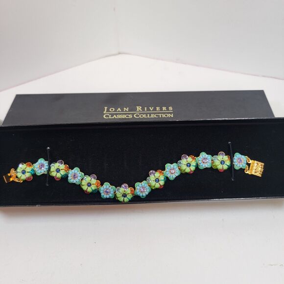 Joan Rivers Classics Collection Flower Enamel Rhinestones Bracelet Signed - Picture 1 of 16